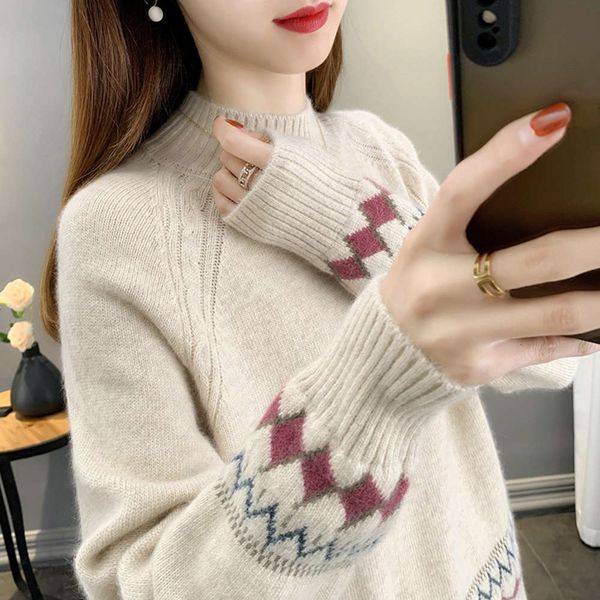 

2021sweater loose fitting spring dress new reduced age jacquard half high collar knitted bottomcoat women's foreign style in, White;black
