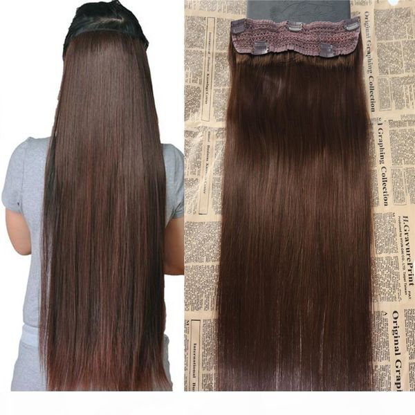 

wholesale real remy human hair #4 dark brown one piece clip in hair extensions with 5 clips slik straight clip on extension 100g, Black