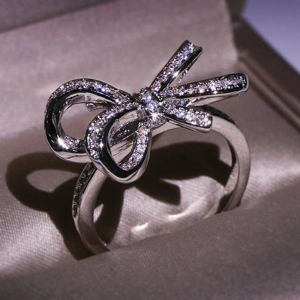 

cluster rings 100% real s925 sterling silver ring for women bowknot shape 1.5 s diamond gemstone 925 jewelry wedding box, Golden;silver