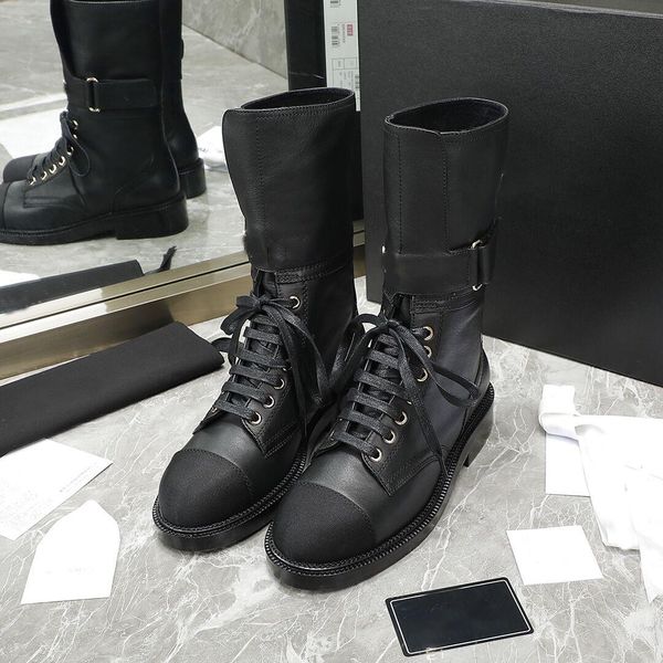 

lace up boots 2021 luxury designer classic leather heightens women flat heel calfskin grosgrain boot size 35-40, Black