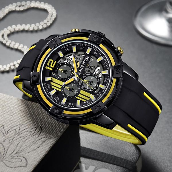 

wristwatches megir men's black silicone strap quartz watches chronograph sports wristwatch for man 3atm waterproof luminous hands 2097, Slivery;brown