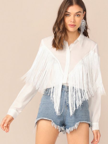 

chevron fringe trim shirt n9lo#, White