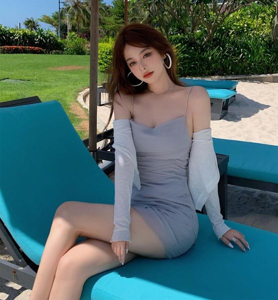 

casual dresses will firm offers temperament show thin chiffon tall waist strap dress female prevent waste their knitting cardigan, Black;gray