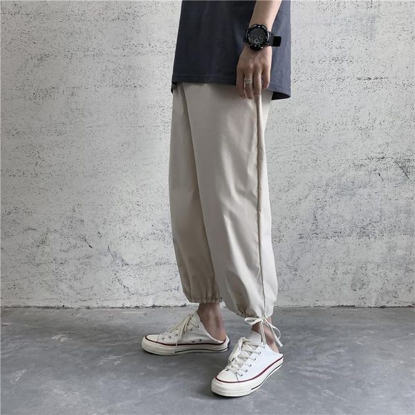 

men's pants spring autumn solid color casual korean loose drawstring wide-leg harajuku streetwear ankle-length, Black