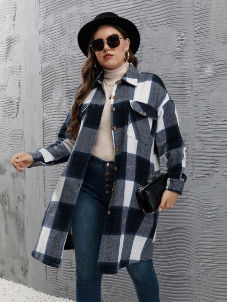 

plus buffalo plaid pattern flap pocket drop shoulder overcoat x29r#, Black