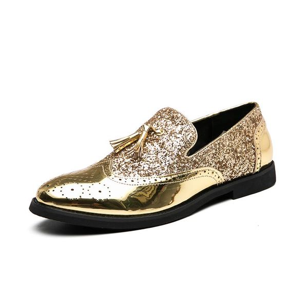 

2021 spring design men's dress shoes shiny gold pu leather loafers tassels formal sequin brogue shoes plus size 48, Black