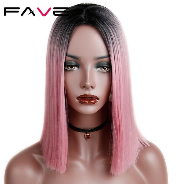 

ombre black pink wig straight bob brown blonde/purple/ middle part synthetic hair cosplay party for women heat resistantfactory direct