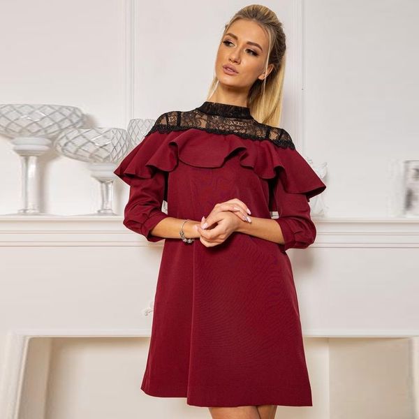 

new women vintage lace patchwork ruffled party long sleeve o neck solid elegant casual mini 2021 spring fashion d3u7, Black;gray