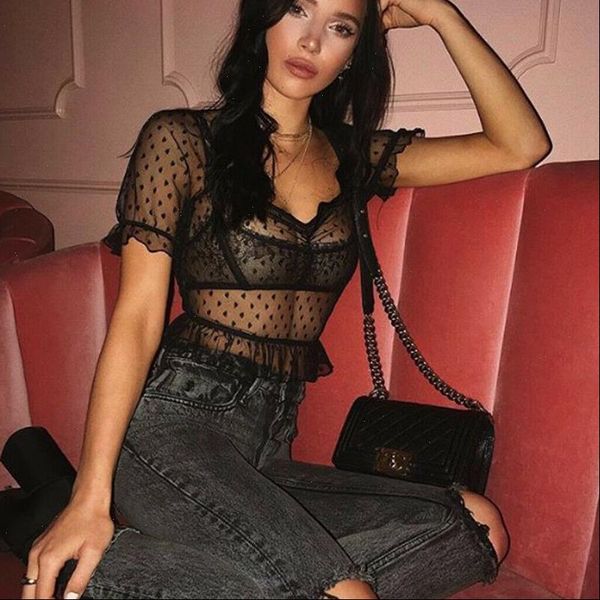 

womens clothing puff sleeve sweet women mesh see through shirt transparent polka dot blouse crop, White