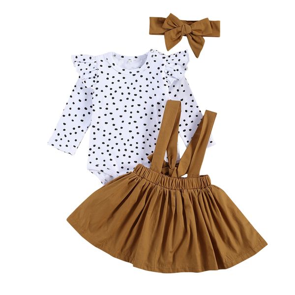 

0-24m princess baby girls clothes set polka dot ruffles long sleeve romper + solid bow bib skirt 3pcs set outfits spring autumn, White