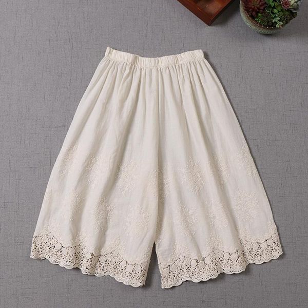 

women's pants & capris mori girl summer women length japan elastic waist lace loose cotton linen wide-leg, Black;white