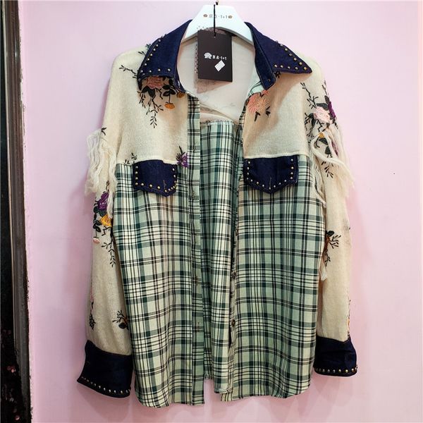 

ewq] autumn new plaid stitching european holiday embroidery flowers honorable ladies jacket winter knit contrast overcoats 201013, Black;brown
