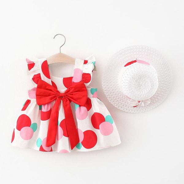 

girl's dresses 2021summer baby girls bow dot print dress with cap, Red;yellow