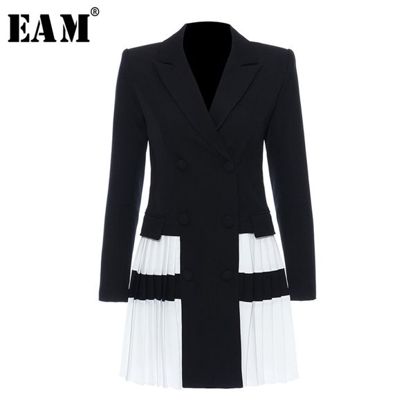 

[eam] women black contrast color pleated blazer lapel long sleeve loose fit jacket fashion spring autumn 1t306 211019, White;black