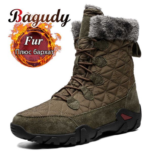 

super warm plush men snow boots platform mid calf boots men thick plush waterproof non-slip leather winter outdoor boots shoes 210619, Black