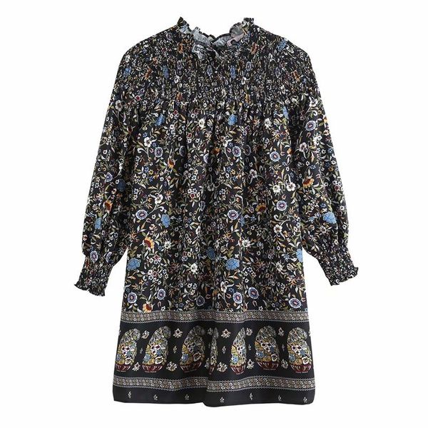 

casual dresses vintage women o-neck elastic dress 2021 fashion ladies loose lantern sleeve streetwear female boho print vestidos, Black;gray