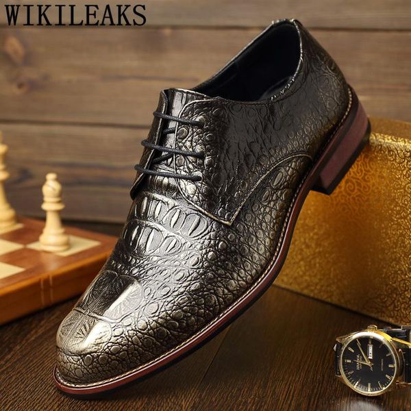 

dress shoes italian men formal pointed toe genuine leather oxford for business crocodile zapatos de hombre, Black