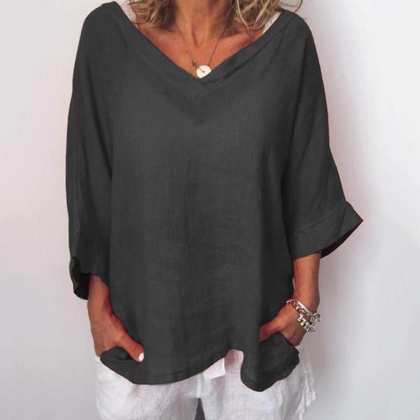 

ladies linen casual shirt womens casual o-neck 3/4 sleeve solid linen shirt loose pullover blouse summer outdoor top, White