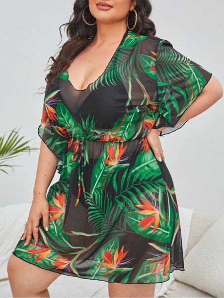 

plus tropical print cover up k2ql#, Black