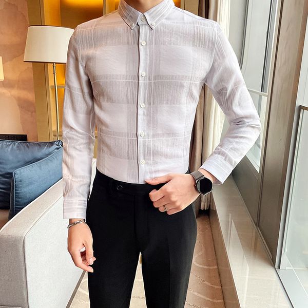

moda new alta qualidade manga longa camisas xadrez dos homens simples formal wear fino ajuste vestido blusa homm keg6, Black;brown