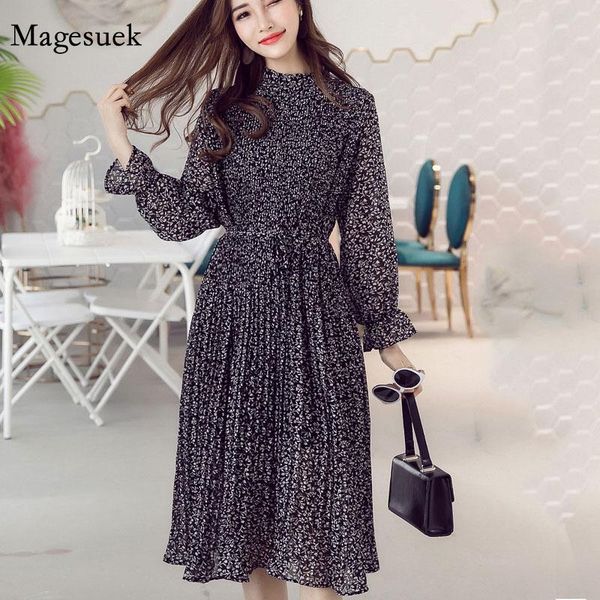 

casual dresses autumn floral print empire midi pleated chiffon red women 2021 spring flare sleeve stand collar dress vestidos 8634 50, Black;gray