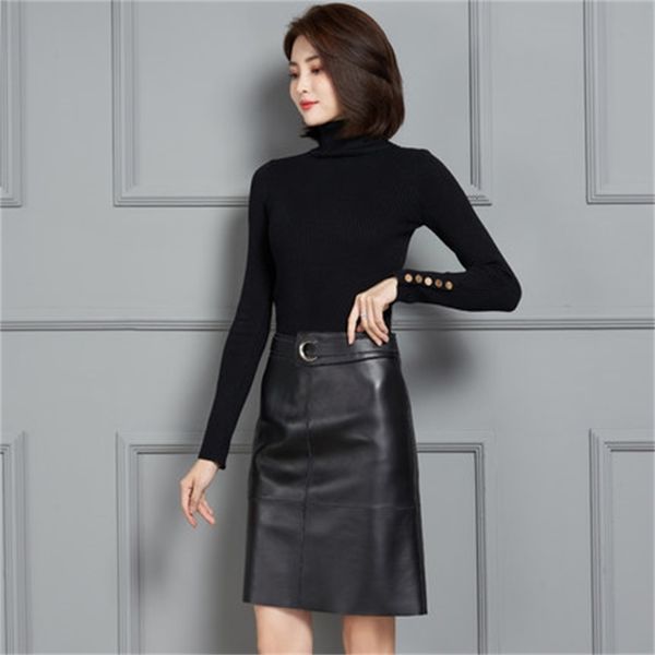 

2021 new fashion genuine royal sheep leather skirt k7 5x9o, Black