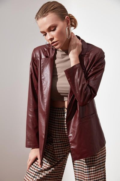 

women's jackets burgundy pocket detailed jacket spring autumn women faux leather ladies solid coat female casual outwear twoaw21ce0169, Black;brown