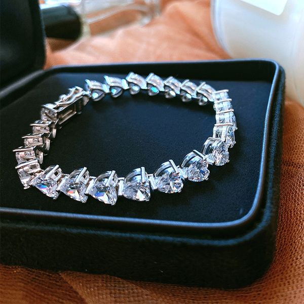 

solid silver tennis bracelet with full 6mm shiny heart zircon 15-18cm length jewelry real 925 fine jewellery for wedding gift, Golden;silver