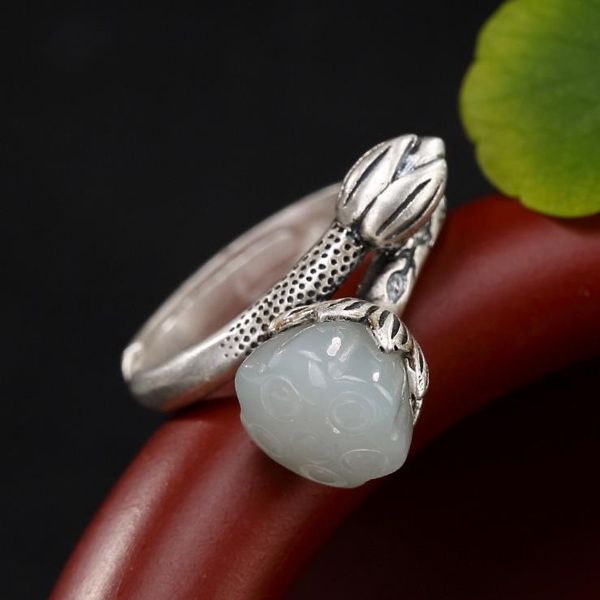 

cluster rings natural hetian white jade lotus open ring chinese retro light luxury original designer craft charm women's silver jewelry, Golden;silver