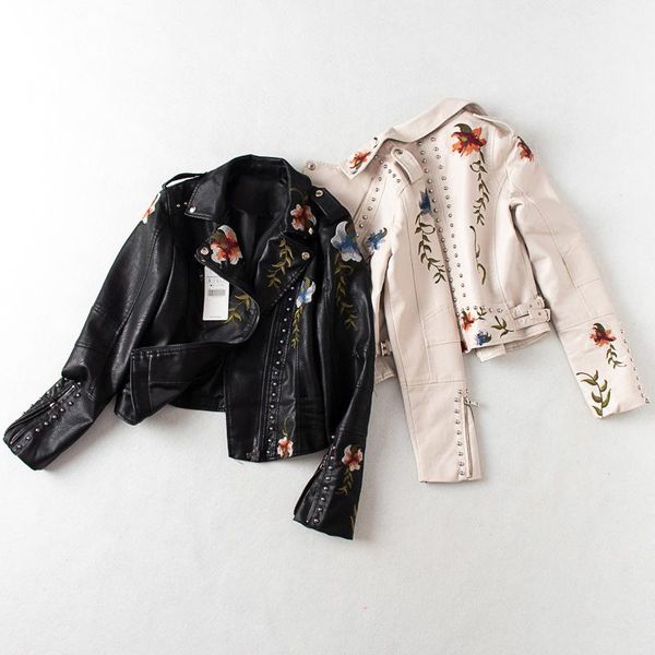 

women's fur & faux 2021s women retro floral print embroidery soft leather jacket coat turndown collar pu moto biker black punk outerwea
