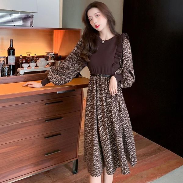 

casual dresses elegant for women autumn winter thicken ruffles floral print patchwork faux two piece knit sweater party, Black;gray