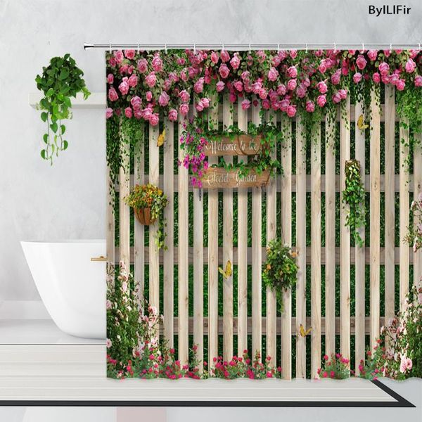 

shower curtains green plant flowers butterfly rose fence wall art pography background bathroom waterproof bath curtain decor