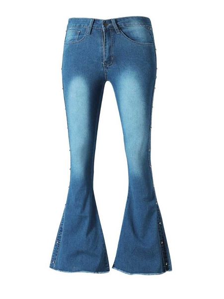 

women's jeans women flared slim trousers fashion buttons spring summer wide leg pants plus size denim high waist bell bottoms, Blue