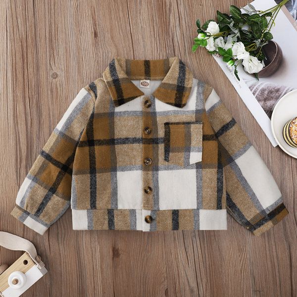 2021 Baby Mädchen Jacken Frühling Herbst Mode Mittelkind Jacke mit langen Ärmeln und Revers in braun gestreift kariert Druck Kinder Mädchen Kleidung Oberbekleidung