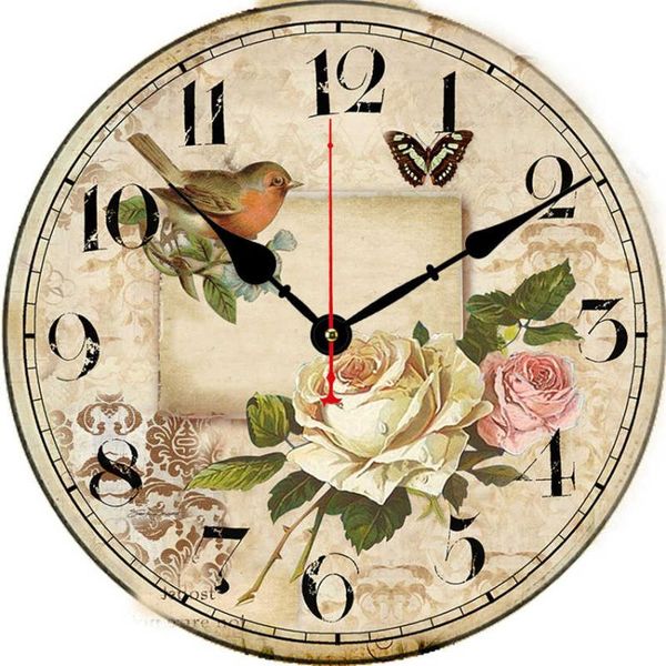 

12" retro vintage bird french country tuscan style non-ticking silent wooden wall clock