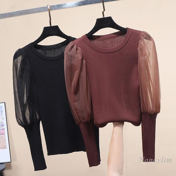 

women's sweaters nancylim mesh knit female 2021 autumn outer wear puff sleeve pullover knitting shirt ladies basis slim, White;black