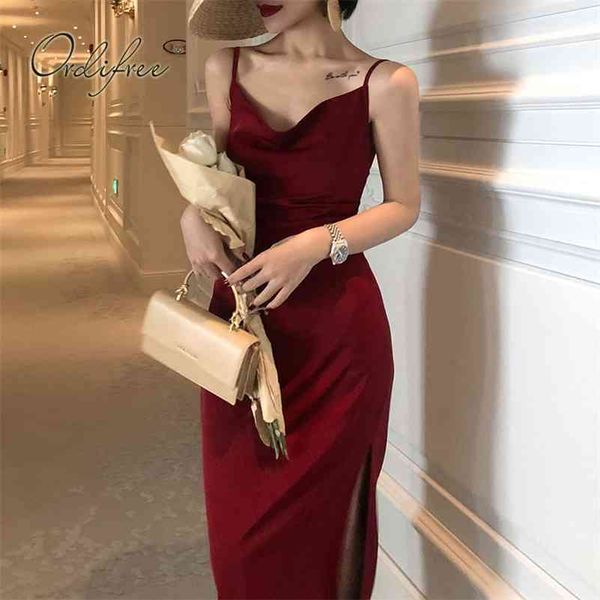 OrdiFREE летние старинные женщины сатинские скольжения платье спагетти ремешок боковой щелк черный бордовый шелковый сексуальное длинное вечеринка платье 210719