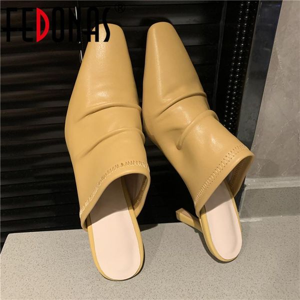 

dress shoes fedonas square toe women mules genuine leather high heels sandals for summer fashion est party basic woman, Black