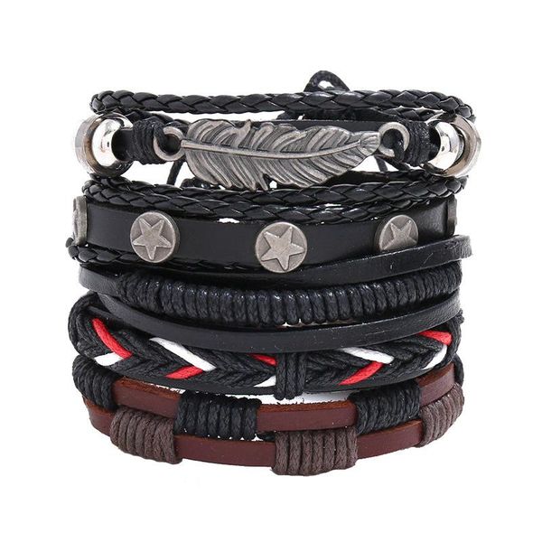 

charm bracelets diy cowhide bracelet vintage alloy leaf five pointed star woven set, Golden;silver