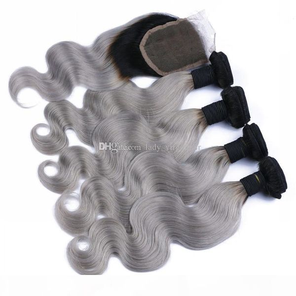 

2016 new fashion 9a 1b grey silver ombre peruvian hair weave 4 bundles with lace closure body wave gray ombre human hair extension, Black