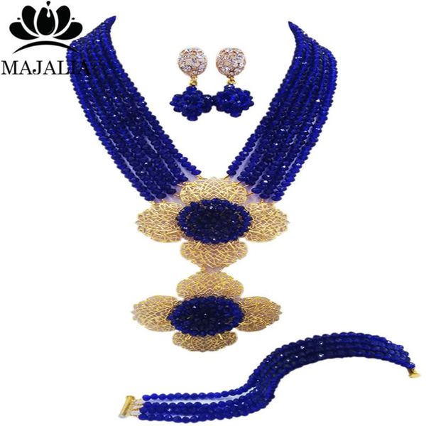 

earrings & necklace nigeria bride wedding royal blue crystal jewelry african exquisite dress set ls-41, Silver