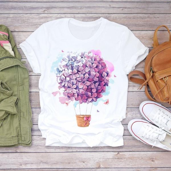 

korean summer casual loose short sleeve cartoon flower print fashion women tee t-shirts dropshipping vegan vintage clothes, White