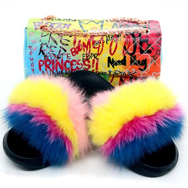 

slippers real fur rainbow slipper women slides fluffy flip flops graffiti fashion travel furry shoes, Black
