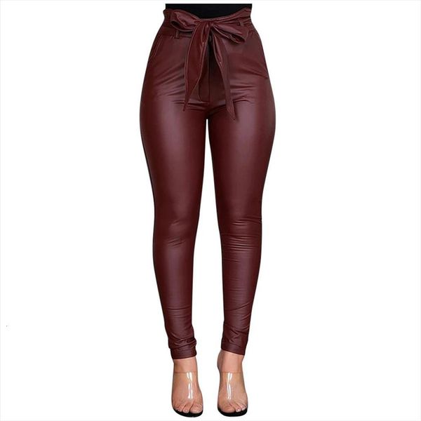 

wine belt high waist womens pants pencil faux leather pu sashes long trousers casual design fashion l3, Black;white