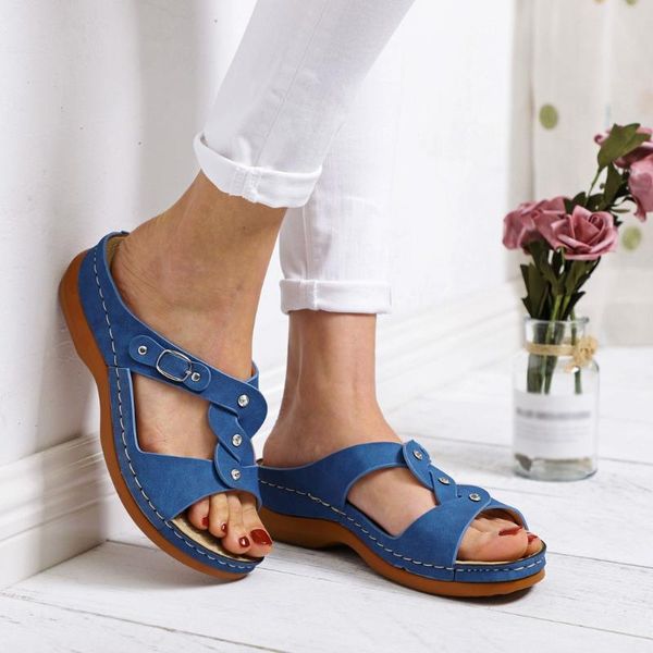 

2021 summer roman sandals women buckle strap wedges shoes solid thick bottom beach sandals flat open toe shoessandalias mujer, Black