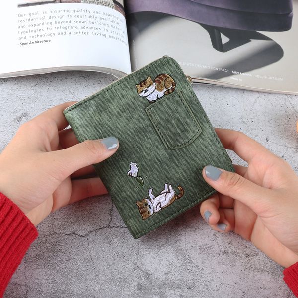 

embroidery cat women short wallet zipper coin purse short womens wallet kawaii mini cards holder clutch for girl carteras mujer, Red;black