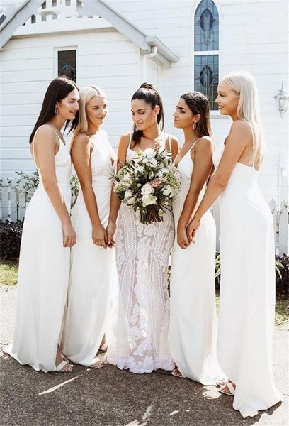 

2021 simple bohemian sheath bridesmaid dresses front slit spaghetti straps beach wedding guest dresses maid of honor gowns boho robes, White;pink