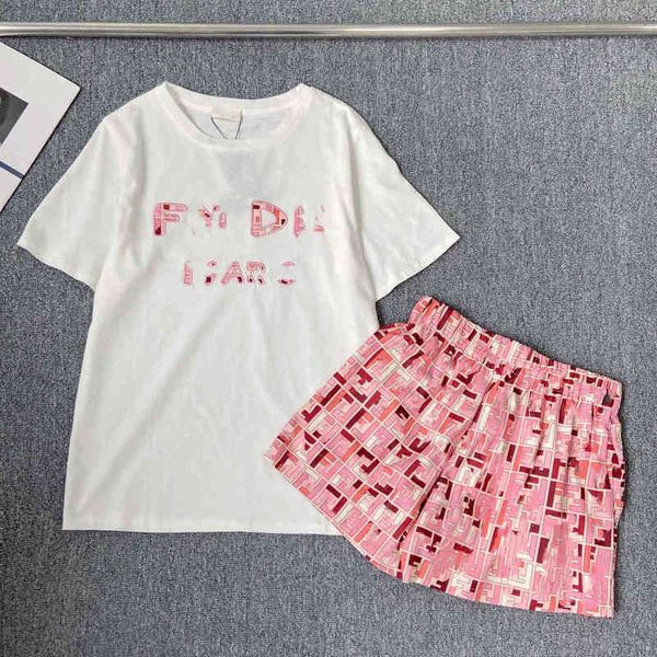 

summer fashion + short sleeve shorts suit embroidered with letters, White