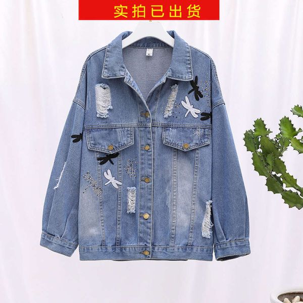 

cool loose 200kg women's plus size spring clothing fat sister and thin short perforated denim jacket, Black;brown