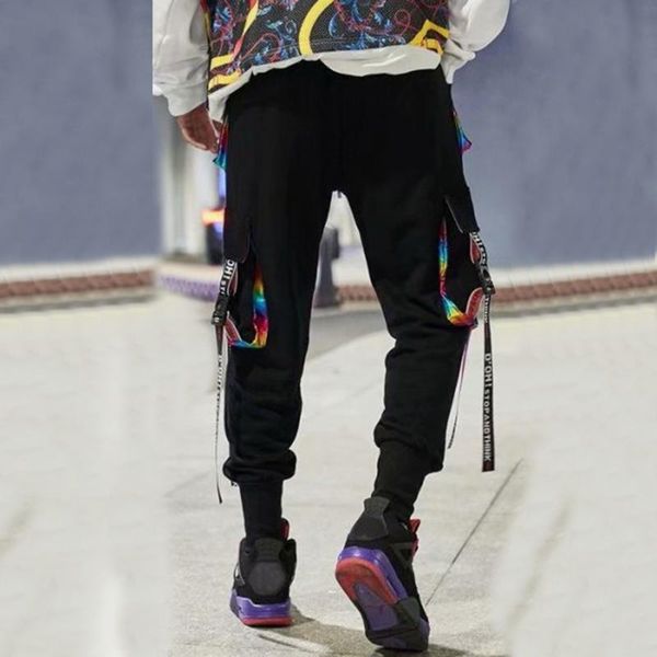 

men's pants men ribbons harem joggers cargo streetwear 2021 hip hop casual pockets track male harajuku fashion trousers #t2g, Black
